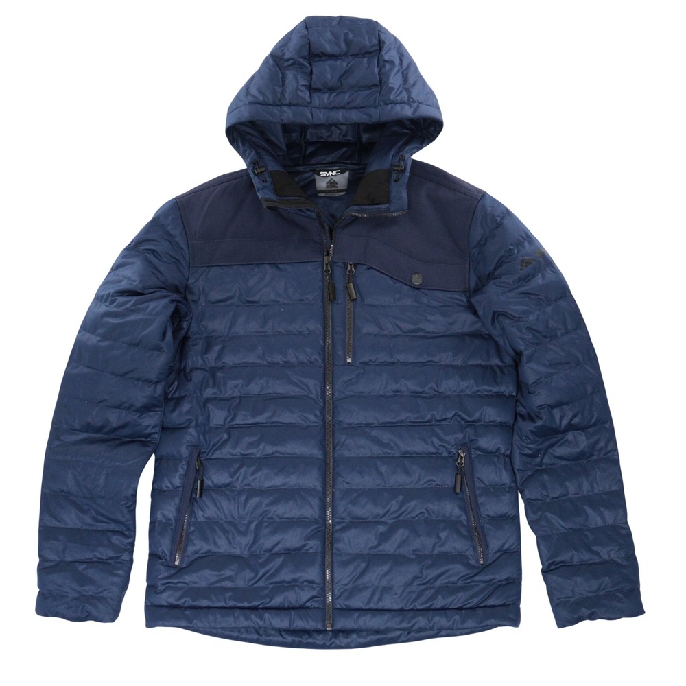 SYNC Performance Stretch Puffy Jacket Men M Hooded Ski Snowboard Primaloft Navy
